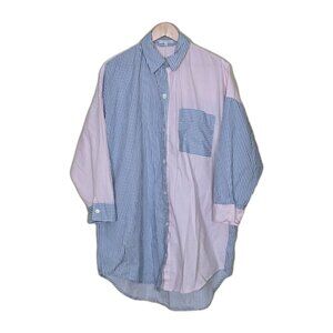 Love & Lore Top Womens M Blue Pink White Stripes Colorblock LS Cotton Oversized